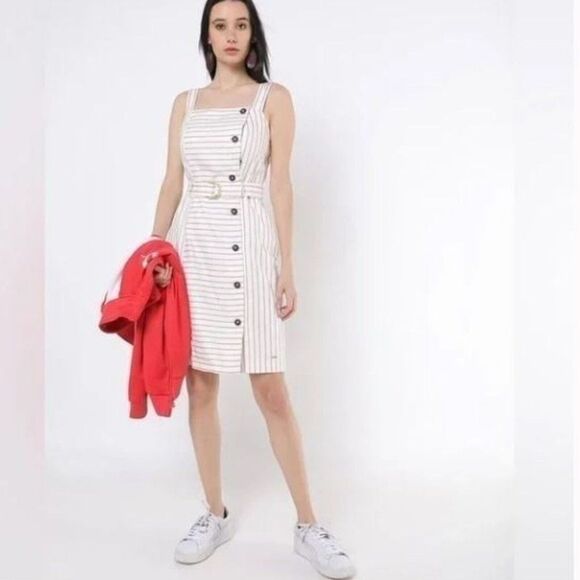 Luxury TOMMY HILFIGER Belted Button Front Red Striped Flare Dress Size 8 - Picture 1 of 9